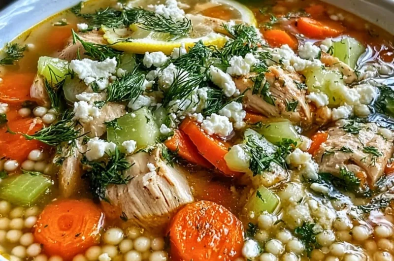 Bowl of Greek Chicken Soup with pearl couscous garnished with herbs