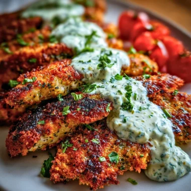 Delicious Greek Chicken Tenders served with fresh herbs and lemon.