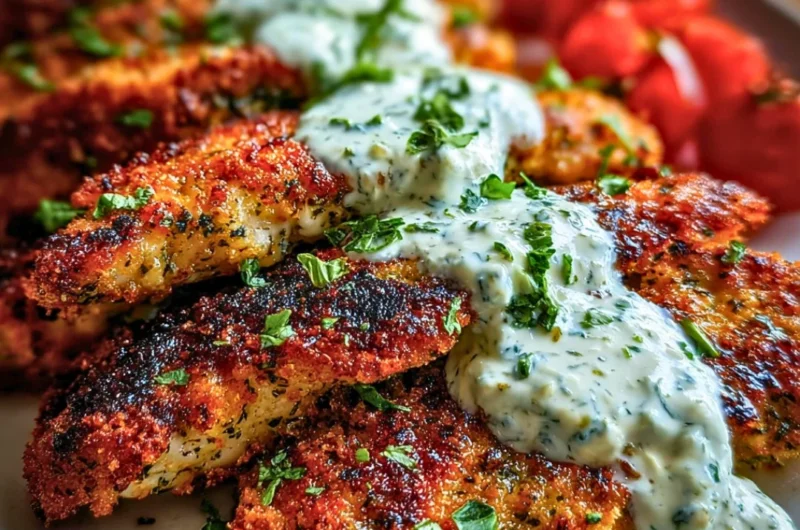 Delicious Greek Chicken Tenders served with fresh herbs and lemon.