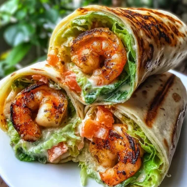 Grilled Shrimp Caesar Wraps served on a plate with fresh ingredients