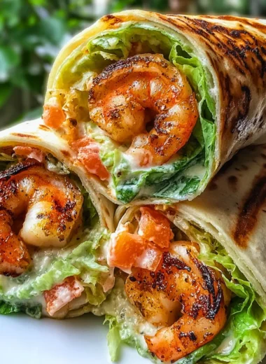 Grilled Shrimp Caesar Wraps served on a plate with fresh ingredients
