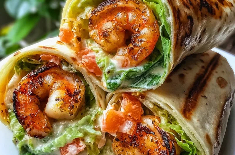 Grilled Shrimp Caesar Wraps served on a plate with fresh ingredients
