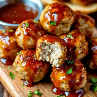Healthy apple cider turkey meatballs on a plate with fresh herbs and apples.
