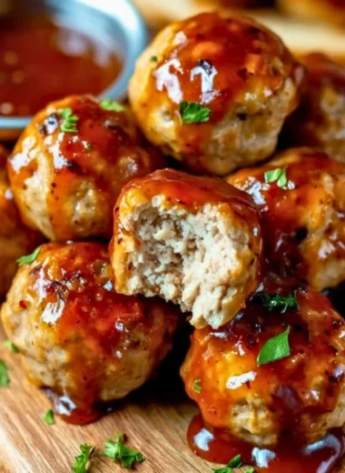 Healthy apple cider turkey meatballs on a plate with fresh herbs and apples.