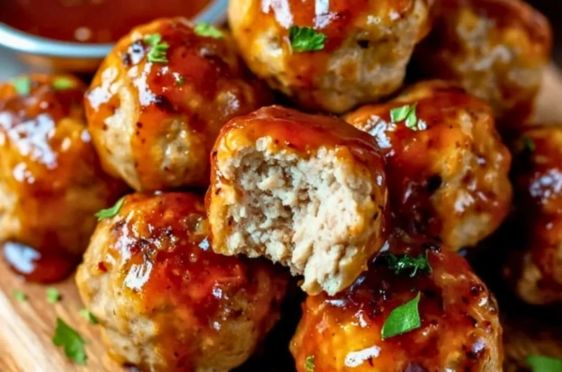 Healthy apple cider turkey meatballs on a plate with fresh herbs and apples.