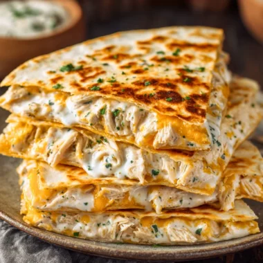 Delicious high-protein chicken ranch quesadilla ready to be served