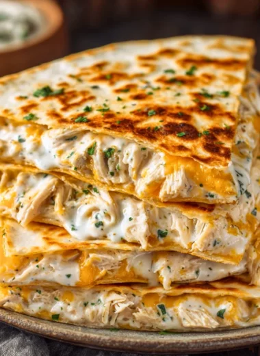 Delicious high-protein chicken ranch quesadilla ready to be served