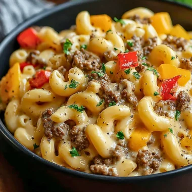 Creamy Philly Cheesesteak Mac & Cheese in a bowl, topped with cheese and herbs.