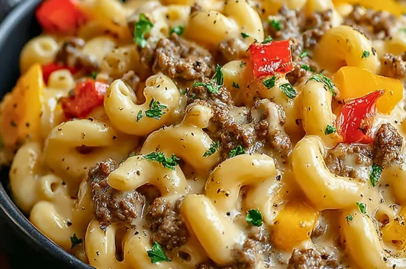 Creamy Philly Cheesesteak Mac & Cheese in a bowl, topped with cheese and herbs.