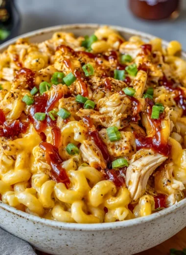 High-Protein Honey BBQ Chicken Mac & Cheese meal served in a bowl
