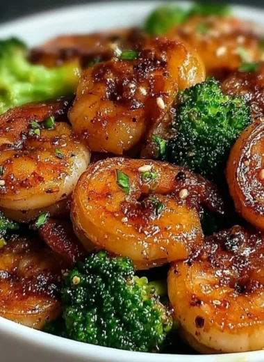 High-protein honey garlic shrimp served on a plate with vegetables