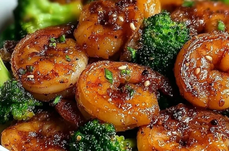High-protein honey garlic shrimp served on a plate with vegetables