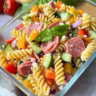 High Protein Italian Pasta Salad with fresh vegetables and dressing