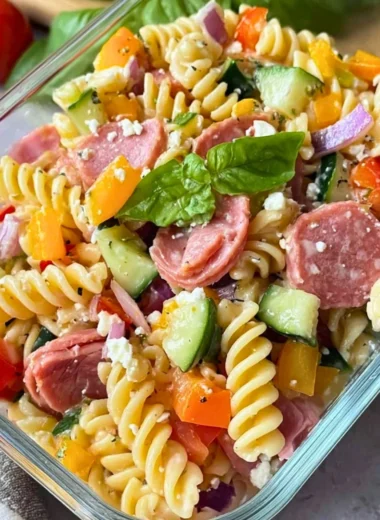 High Protein Italian Pasta Salad with fresh vegetables and dressing