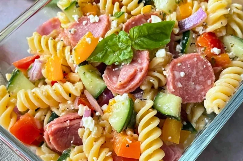 High Protein Italian Pasta Salad with fresh vegetables and dressing