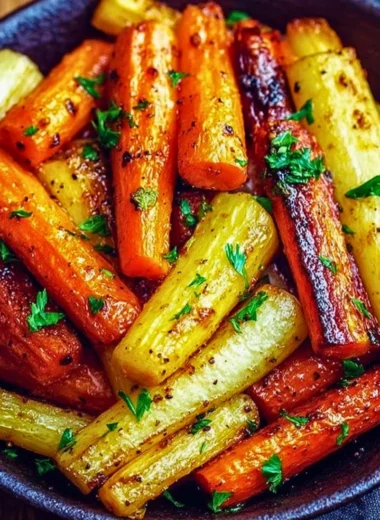 Delicious honey glazed carrots and parsnips served on a plate