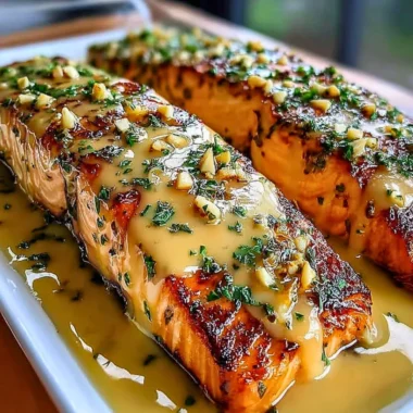 Honey-Lime Garlic Butter Baked Salmon dish garnished with herbs