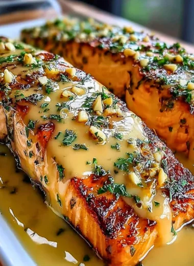 Honey-Lime Garlic Butter Baked Salmon dish garnished with herbs