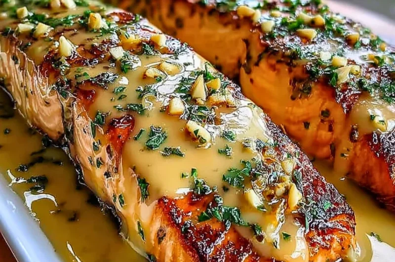 Honey-Lime Garlic Butter Baked Salmon dish garnished with herbs