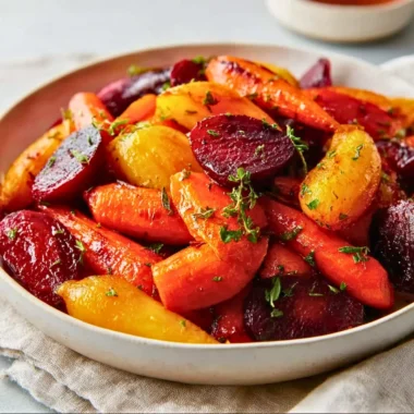 A plate of honey roasted carrots and beets, showcasing vibrant colors and glaze.