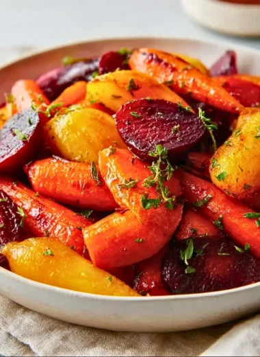 A plate of honey roasted carrots and beets, showcasing vibrant colors and glaze.