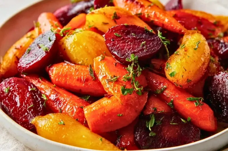 A plate of honey roasted carrots and beets, showcasing vibrant colors and glaze.