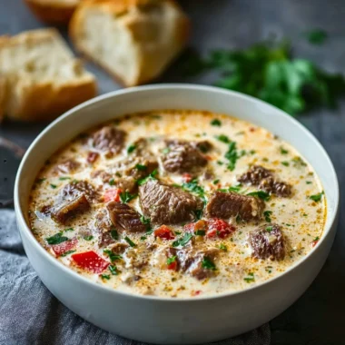 Creamy Philly Cheese Steak Soup topped with cheese and herbs