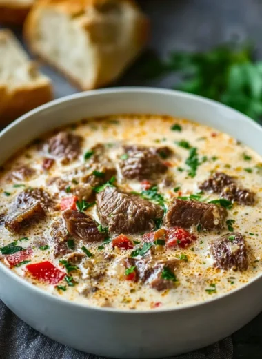 Creamy Philly Cheese Steak Soup topped with cheese and herbs