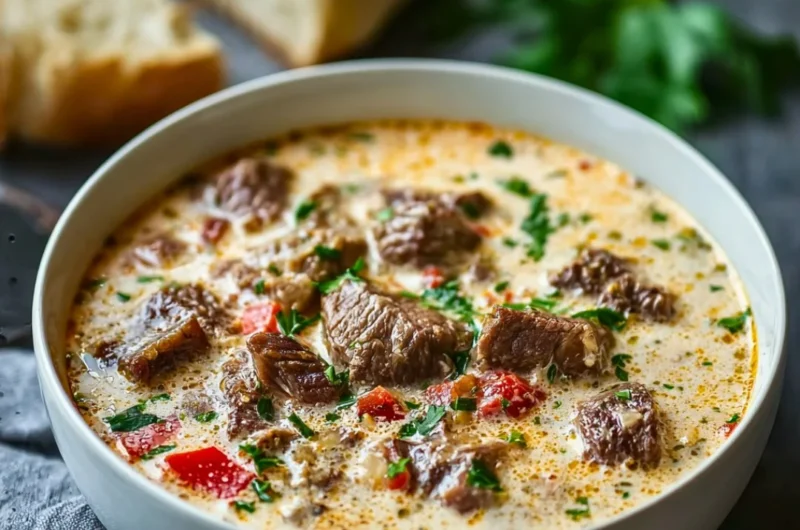 Creamy Philly Cheese Steak Soup topped with cheese and herbs