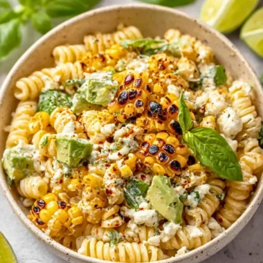 A vibrant bowl of juicy street corn pasta salad topped with fresh herbs