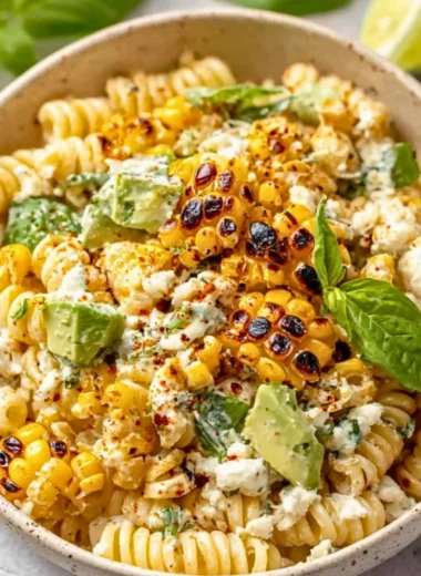 A vibrant bowl of juicy street corn pasta salad topped with fresh herbs