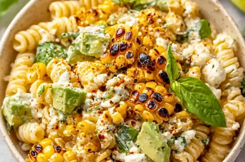 A vibrant bowl of juicy street corn pasta salad topped with fresh herbs