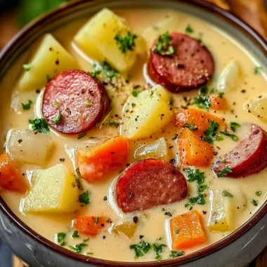Bowl of delicious Kielbasa Potato Soup garnished with fresh herbs