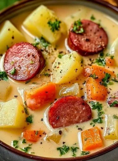 Bowl of delicious Kielbasa Potato Soup garnished with fresh herbs