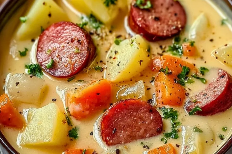 Bowl of delicious Kielbasa Potato Soup garnished with fresh herbs
