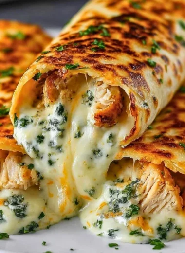 Delicious low carb cheesy garlic chicken wraps on a plate