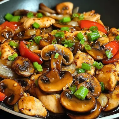 Delicious chicken stir-fry with mushrooms ready to serve for dinner