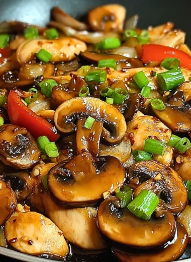 Delicious chicken stir-fry with mushrooms ready to serve for dinner