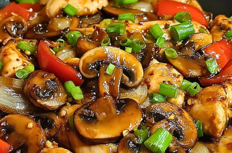 Delicious chicken stir-fry with mushrooms ready to serve for dinner