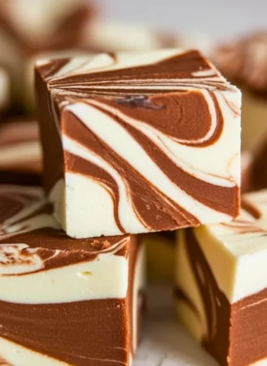 Delicious marshmallow swirl fudge with a creamy texture and swirls of marshmallow.