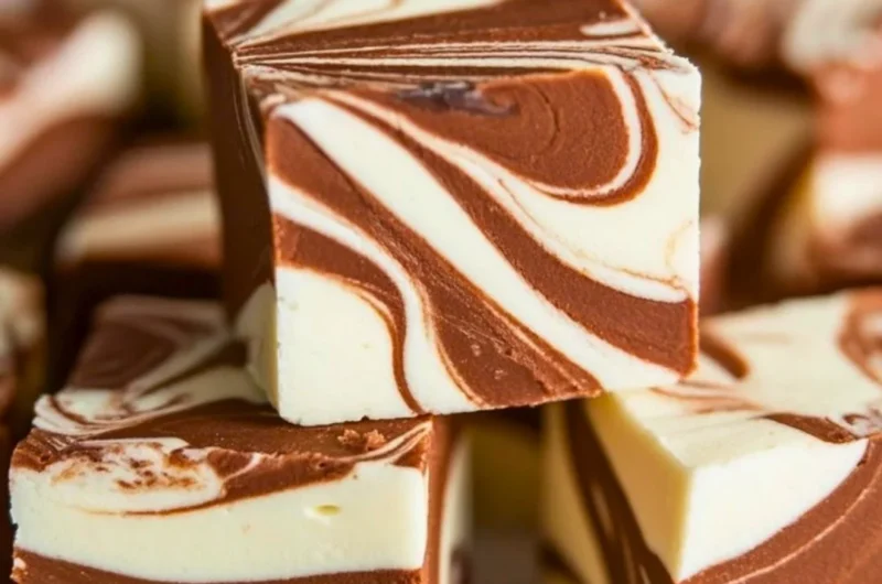 Delicious marshmallow swirl fudge with a creamy texture and swirls of marshmallow.