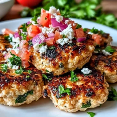 Mediterranean Chicken Patties served on a plate with fresh herbs and vegetables