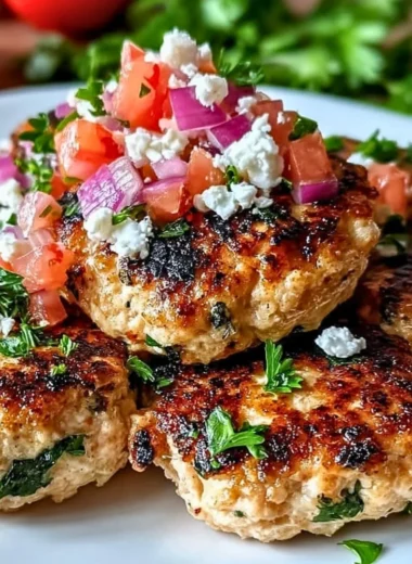 Mediterranean Chicken Patties served on a plate with fresh herbs and vegetables