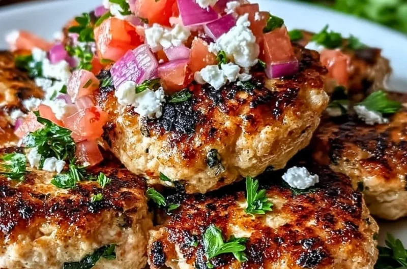 Mediterranean Chicken Patties served on a plate with fresh herbs and vegetables