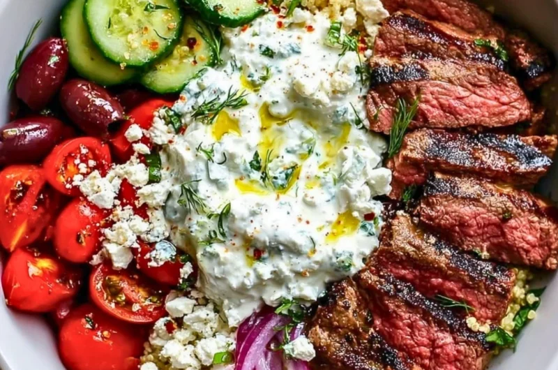 Mediterranean steak bowl topped with fresh vegetables and herbs