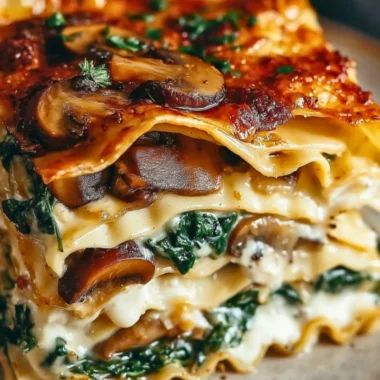 Delicious mushroom spinach lasagna served on a plate with garnish.
