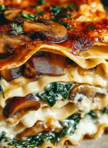 Delicious mushroom spinach lasagna served on a plate with garnish.