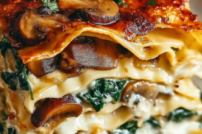 Delicious mushroom spinach lasagna served on a plate with garnish.