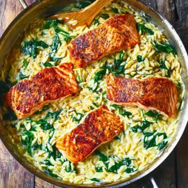 One Skillet Salmon with Lemon Orzo - a healthy and flavorful meal