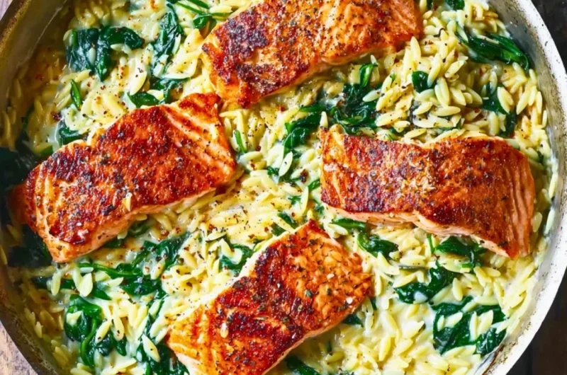 One Skillet Salmon with Lemon Orzo - a healthy and flavorful meal